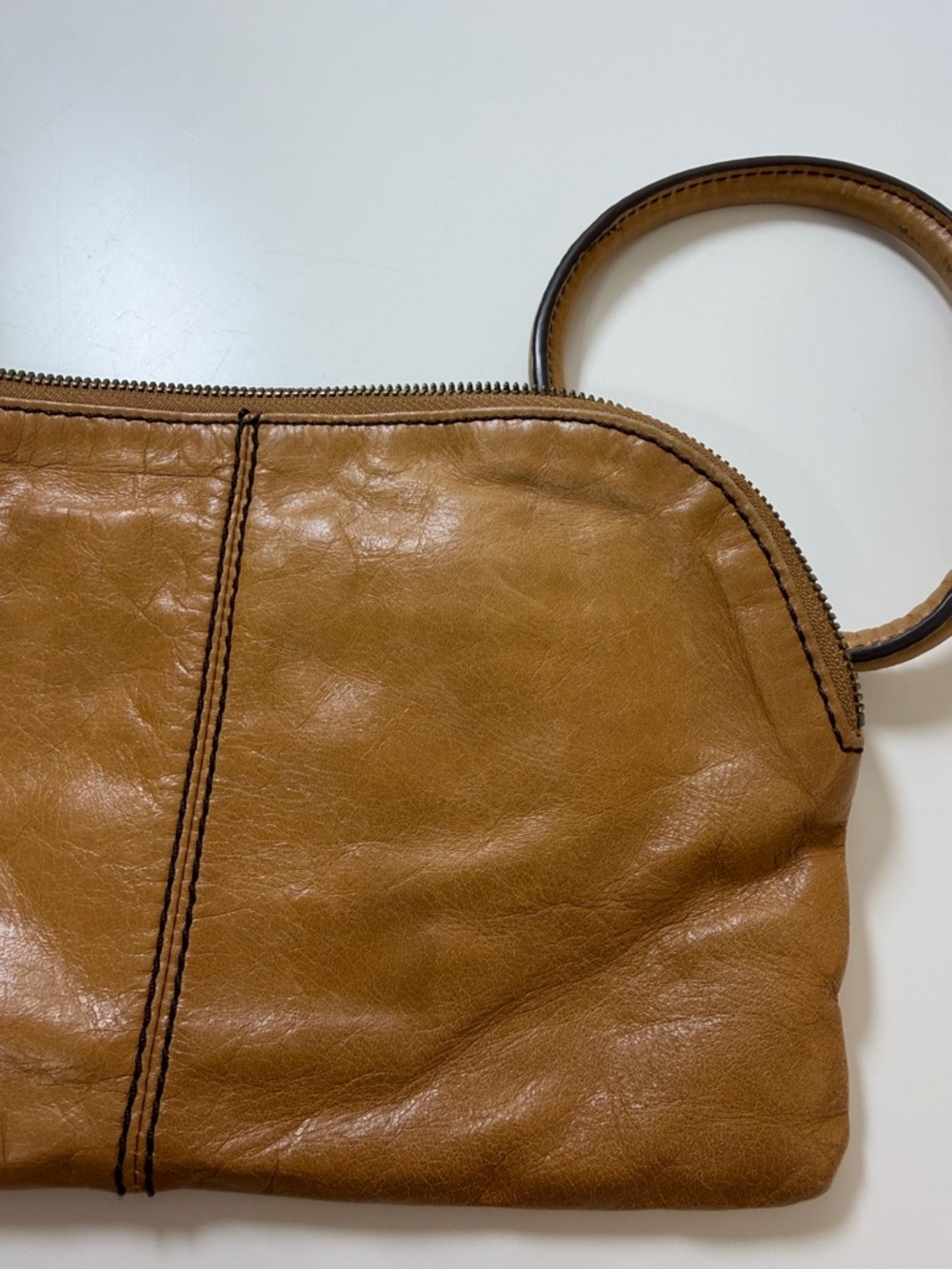 HOBO Tan Leather Wristlet Clutch with Center Stitch Detail - Picture 2 of 7